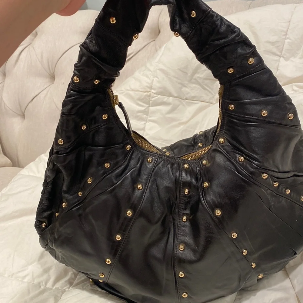 GOLDENBLEU black leather purse semi circular bag with gold tone studs all over